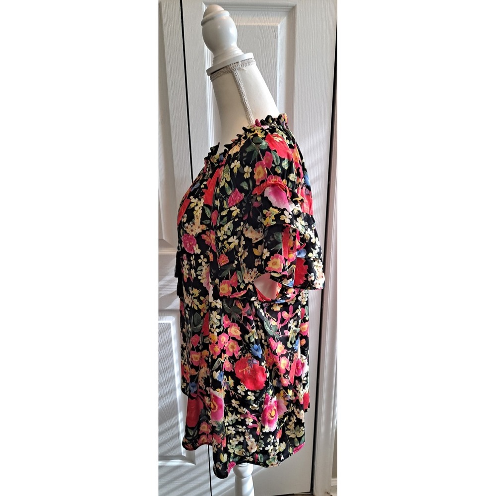 3XL Rose+Olive Black Floral‎ Ruffel Short Sleeve Top With Tassel Tie - Picture 5 of 7